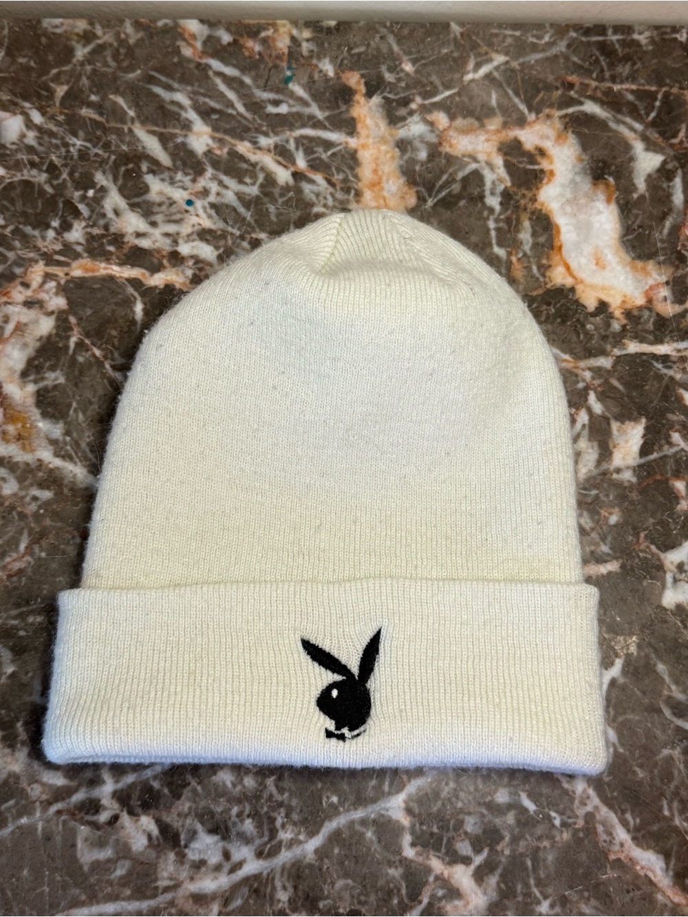 Cream Knit Beanie with Black Playboy Bunny Logo